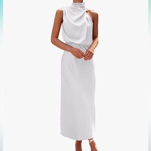 White satin mock neck cocktail dress